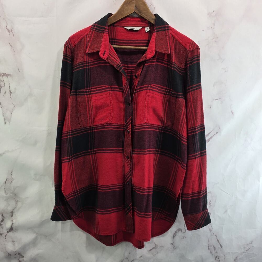 Athleta Shirt Womens Medium Red Black Plaid Flannel Button Lumberjill Tunic